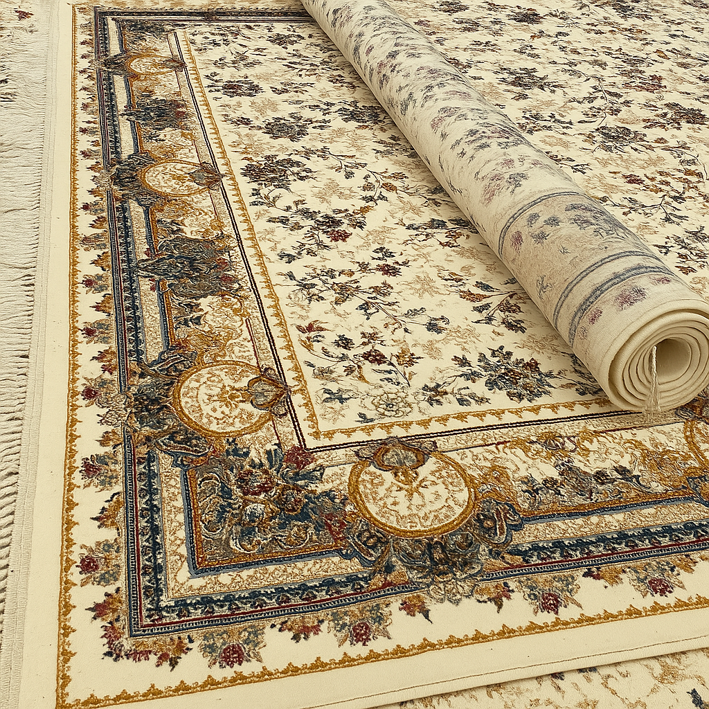 Elegant Ivory Floral Border Area Rug with Classic Detailing