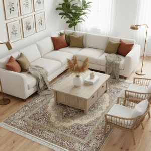 Luxury Persian-Style Medallion Area Rug in Soft Beige & Pastel Tones