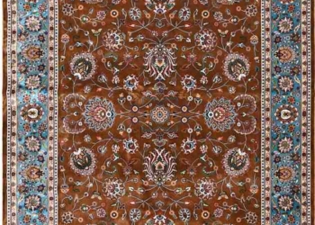 Luxury Mughal Design Carpet – Brown Floral Area Rug with Turquoise Border | Premium Traditional Living Room Carpet