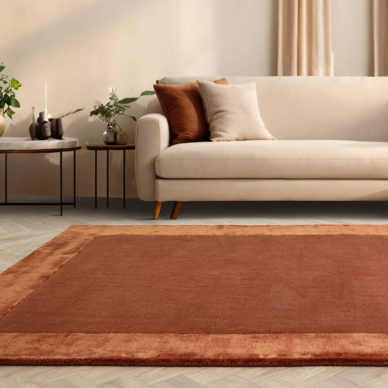 "Beige hand tufted carpet with elegant border design and soft plush texture."