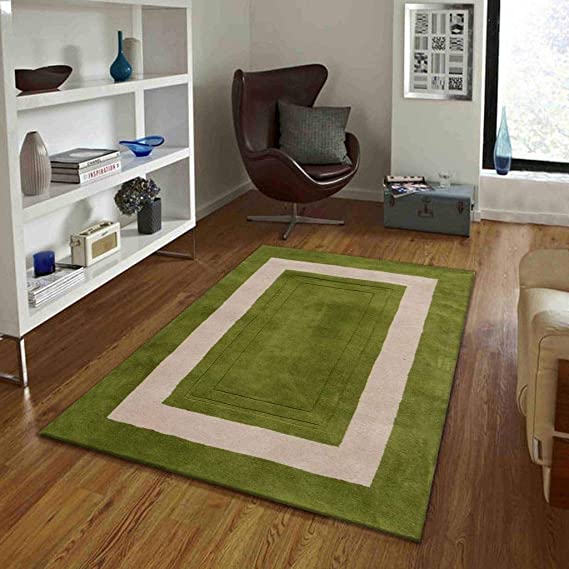 hand tufted carpet with elegant border design and soft plush texture."